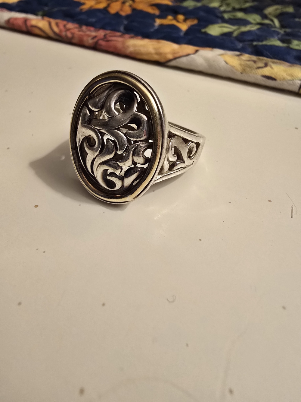 Sterling Silver Filigree Oval Statement Ring - Silver with Gold Accent
